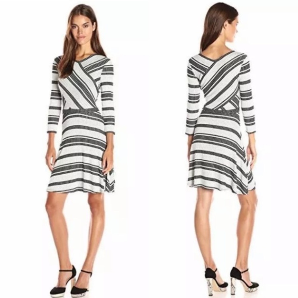 BCBGMaxAzria Kenji Black and Grey Striped Fit & Flare Dress
